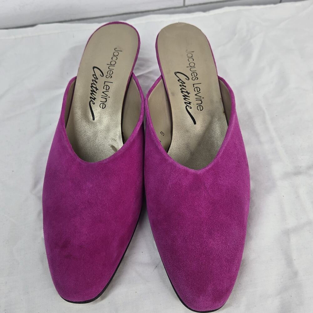 Vintage Jacques Levine Couture Suede Mules Fuchsia Pink Kitten Heels 8.5 B - Picture 6 of 11